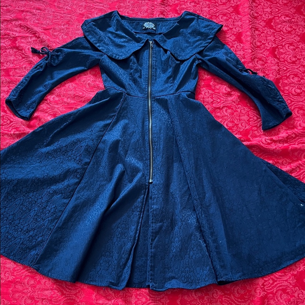 Hearts & Roses London 50s Swing Dress Medium Dark Blue Brocade Rockabilly
